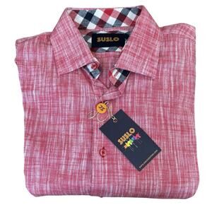 Suslo Couture Linen Blend Slim XL Button Down Red/Pink Textured Plaid Details